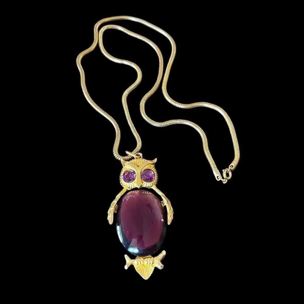 Dodds Chunky Gold Purple Jelly Belly Owl Pendant Necklace